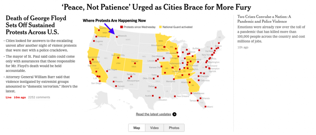 《纽约时报》的全国各地抗议地点地图，包括蒙大拿州的密苏拉。