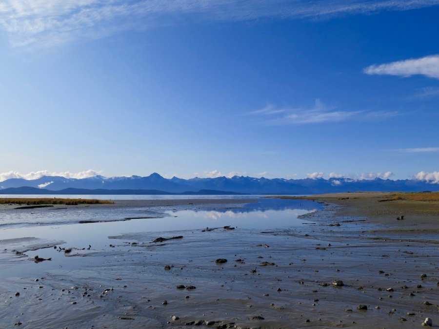 阿拉斯加朱诺附近的海滩上覆盖着一层薄薄的水，反映出蓝鸟日背后的山脉。©开云体育登录入口手机版官网网址KettiWilhelm2020