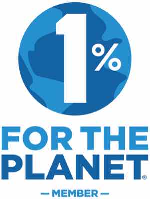 1% for The Planet的商业成员标志:用两种深浅不同的蓝色书写的单词，在一个蓝色的地球图标前面有“1%”。