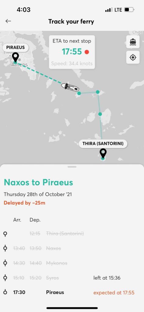 FerryHopper应用程序的截图，显示了一艘渡轮在帕罗斯和希腊雅典之间的当前位置。开云体育总入球©开云体育登录入口手机版官网网址KettiWilhelm2022