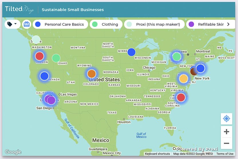 用谷歌地图的替代品Proxi制作的地图，用色彩鲜艳的地图点代表环保小型企业，展示了北美。