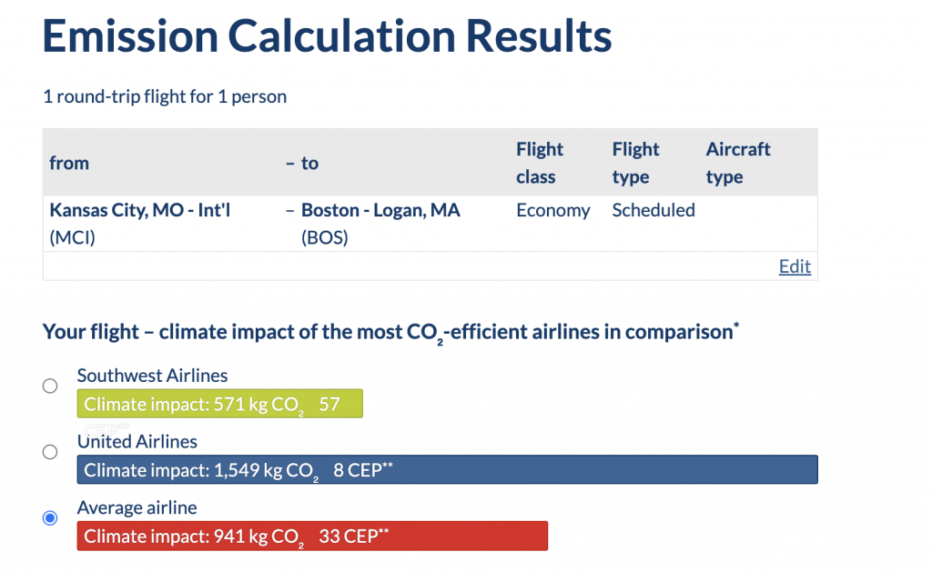 航班碳计算大气的截图显示了不同航空公司从堪萨斯城飞往波士顿的航班的排放差异:西南航空公司在这条航线上排放了571公斤二氧化碳，而联合航空公司在同一航班上的二氧化碳足迹要糟糕得多，为1549公斤。与此同时，航空公司平均排放941公斤二氧化碳。©开云体育登录入口手机版官网网址KettiWilhelm2022