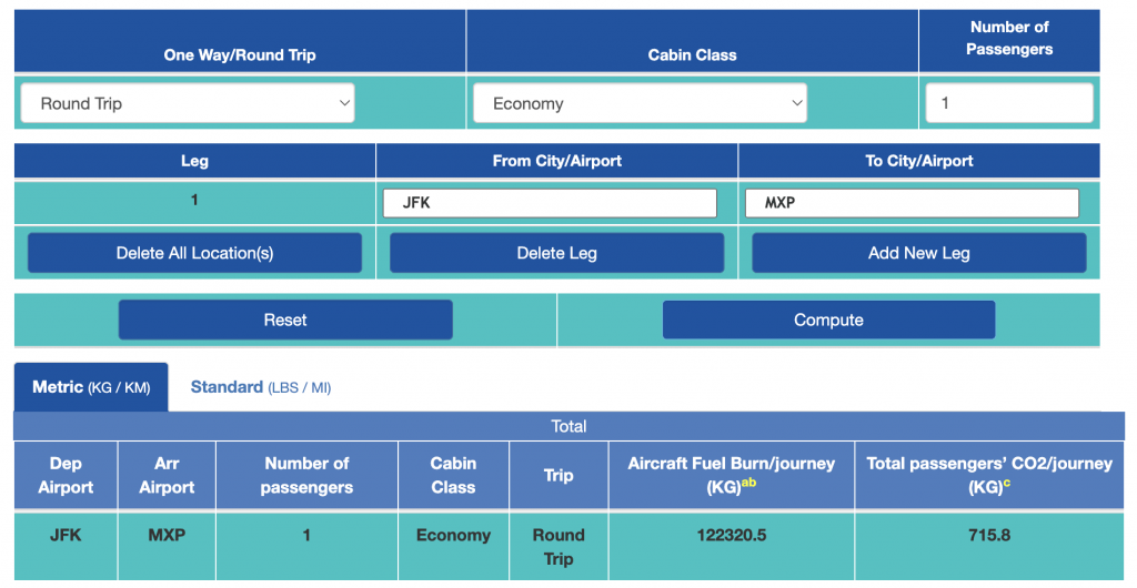 ICAO碳排放计算器(这是联合国航班排放计算器)的界面，显示用户可以轻松地在公制(每航班每人的二氧化碳排放量公斤和每乘客飞行公里)和标准单位(每航班每人的二氧化碳排放量磅和每乘客飞行英里)之间切换结果。©开云体育登录入口手机版官网网址KettiWilhelm2022